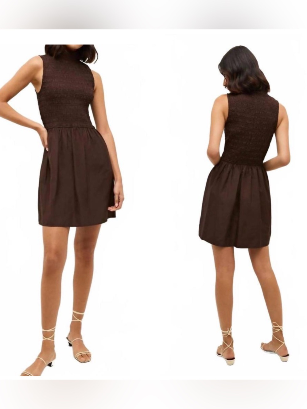 Marie Oliver Smocked Halsey Dress Brown Short Mock Neck Fit Flare Women’s Small